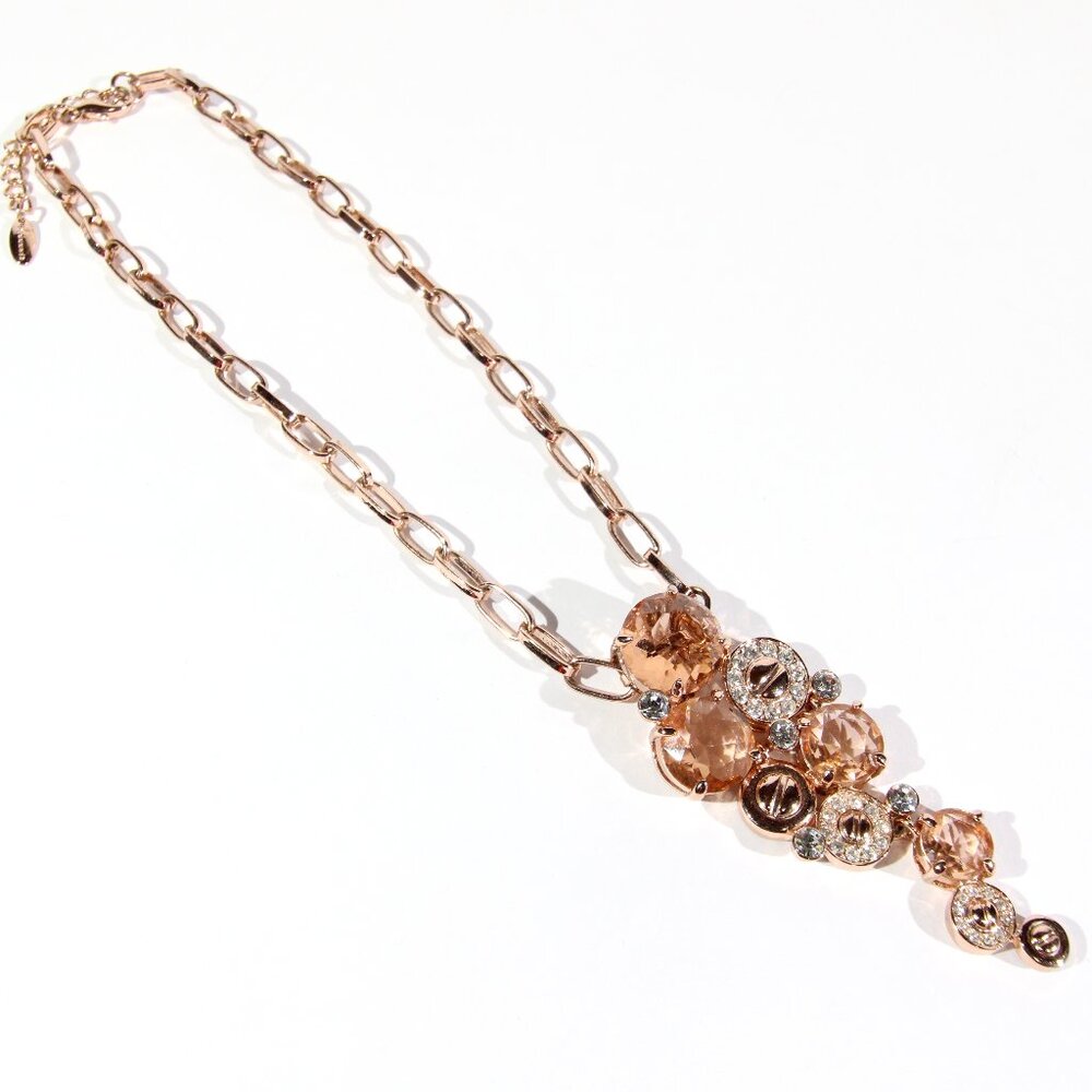 Viennois Rose Gold Tone Statement Necklace with Amber and Clear Rhinestones